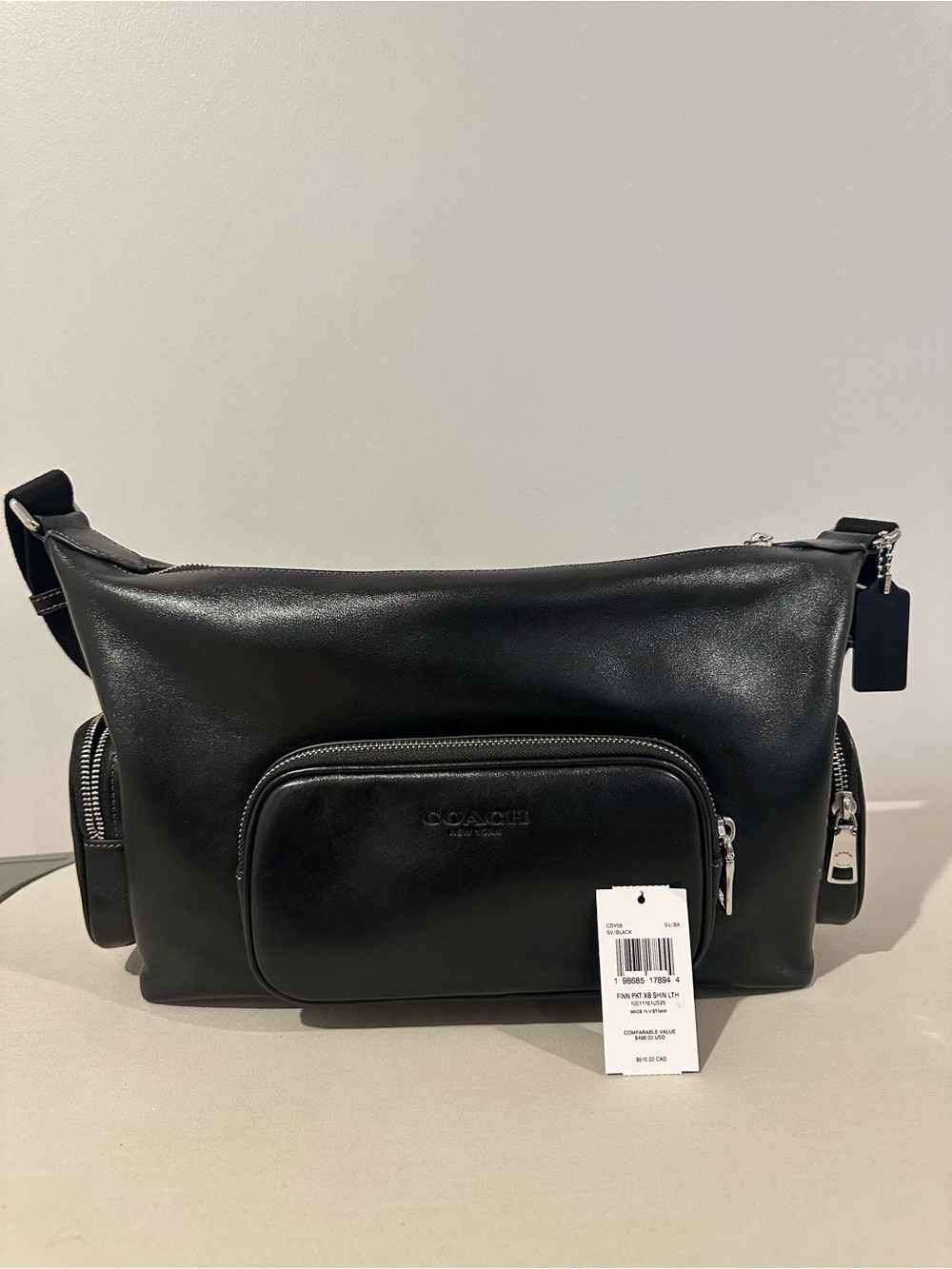 Coach Finn Black Leather crossbody with Front Zip Pocket